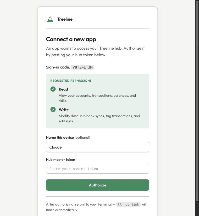 Treeline's authorize page when connecting an AI agent, requesting Read and Write permissions