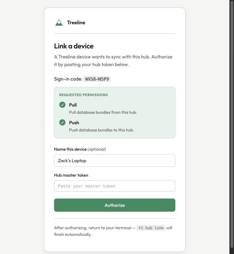 Treeline's authorize page when linking a device, requesting Pull and Push permissions